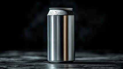 Poster - A metallic aluminum can sits in a dark environment, highlighting its sleek surface with droplets of condensation. The focus captures the simplicity and elegance of the can.