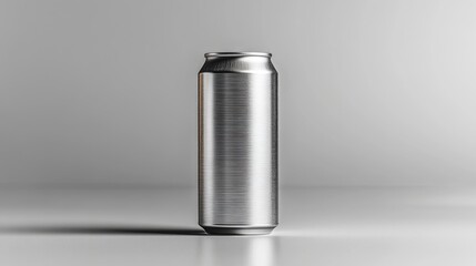 Aufkleber - A sleek, silver aluminum can is placed upright on a smooth, reflective surface. The neutral background enhances the can's minimalist design, giving it a modern appeal.