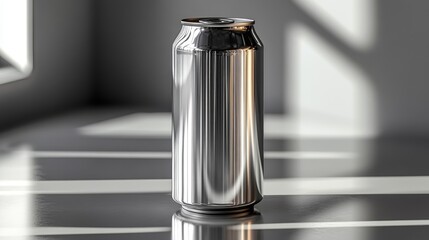 Poster - A perfectly polished aluminum can stands upright on a striped surface. Sunlight streams through a nearby window, casting dynamic shadows and reflections, enhancing the sleek appearance.