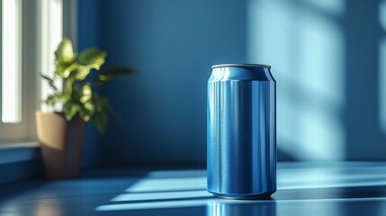 Poster - A shiny blue beverage can stands upright on a blue tabletop, illuminated by soft sunlight streaming through a window. A green plant in a pot adds a touch of color to the serene setting.