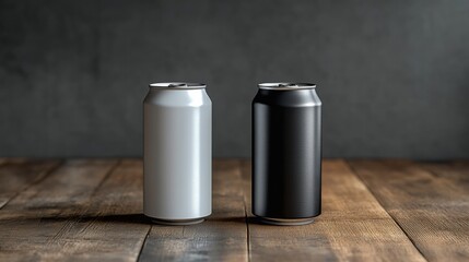 Aufkleber - Two beverage cans, one silver and one black, are positioned on a rustic wooden table. Soft lighting highlights their sleek design against a muted backdrop.