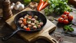 © SR - A rustic kitchen scene filled with fresh ingredients and herbs ready for cooking, featuring a cast-iron skillet sizzling with meat and vegetables surrounded by a bounty.