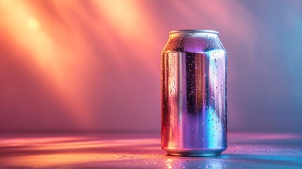 Poster - A metallic beverage can stands upright on a glossy surface, glistening with condensation. Colorful lights create a vibrant ambiance in the background.