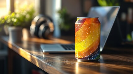 Poster - A vibrant beverage can sits on a polished wooden table beside a laptop and headphones, illuminated by soft afternoon light streaming through a window. The atmosphere feels warm and inviting.
