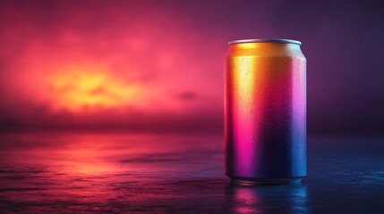 Poster - A metallic beverage can stands in focus, reflecting vibrant hues of purple, orange, and pink lights. The moody backdrop enhances its artistic appeal in low light.