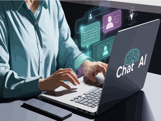 Interacting with AI Chatbot on Laptop, Futuristic Technology, Artificial Intelligence, ChatGPT, Digital Communication, Smart Assistant, Modern    