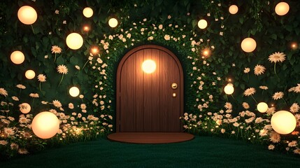Wall Mural - a secret garden hidden behind an ancient wooden door, filled with glowing flowers and floating orbs