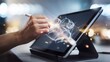 © happie - Designer's hand sketching on a digital tablet displayed on a stand, sketch transforming into a 3D model – Great for digital creativity, design technology, or innovation-related content.