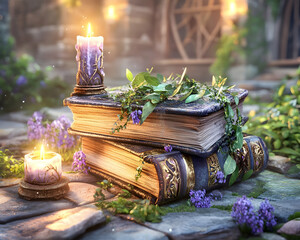 Wall Mural - Stacked ancient books adorned with herbs and candles, bathed in warm light