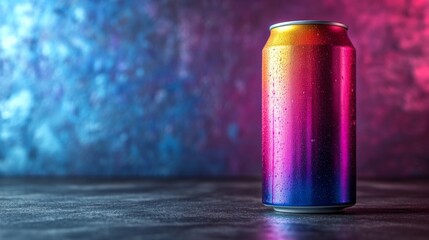 Leinwandbilder - A can of a colorful beverage stands on a textured surface, covered in water droplets. The background lights create a vibrant atmosphere, highlighting the can in rich colors.