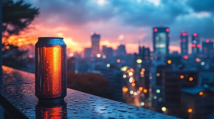 Poster - A beer can sits on a wet railing, illuminated by a vibrant sunset. The city skyline features modern buildings and glowing lights against a dramatic sky in the background.