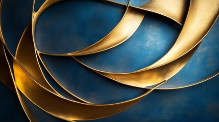 Wall Mural - golden ribbons gracefully curving against a deep blue textured background