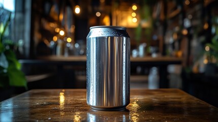 Poster - A metallic beverage can sits prominently on a wooden table, glistening with condensation. The background features a cozy cafe atmosphere with warm lighting.