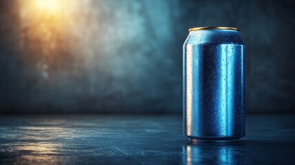 Leinwandbilder - A metallic beverage can stands alone on a reflective surface, its exterior glistening with moisture. The dramatic lighting creates a striking atmosphere, enhancing the scene's depth.