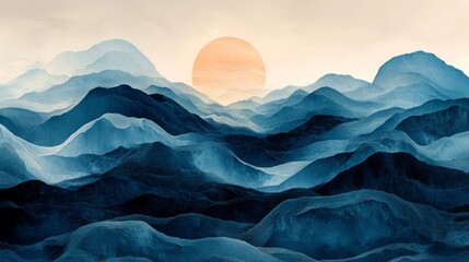 Wall Mural - An abstract watercolor painting depicts layered blue mountain ranges with sun