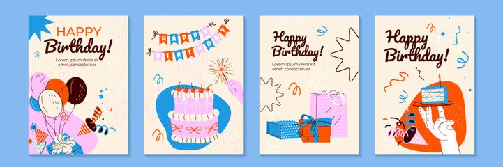 birthday greeting cards design with cake, balloons and typography design. abstract universal grunge 