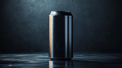 Aufkleber - A sleek metallic beverage can stands upright on a textured surface, illuminated softly in a dim setting that creates a dramatic atmosphere.