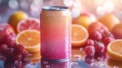 Aufkleber - A vibrant can of beverage sits among sliced oranges, grapefruits, and fresh raspberries. Water droplets adorn the can and fruits, reflecting light in a lively arrangement.