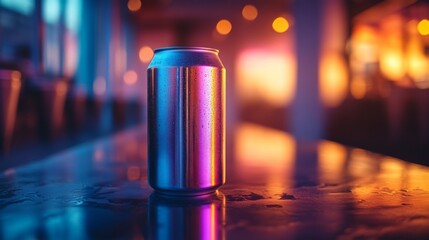 Poster - A shiny metallic can sits on a wet bar table, illuminated by vivid purple and orange lights creating a warm atmosphere during dusk. The background shows a blurred setting.