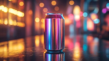 Poster - A sleek, shiny can is positioned at the center of a glossy table in a lively bar. Surrounding ambient lights create a colorful and festive atmosphere during the night.