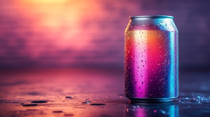 Poster - A colorful can sits on a wet surface, showcasing vibrant hues under captivating lighting during the evening. Water droplets add a refreshing touch.