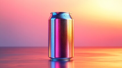Poster - A metallic soda can stands upright on a glossy surface, showcasing a blend of colors as it reflects the warm and cool tones of the surrounding sunset. The backdrop enhances its vivid appearance.