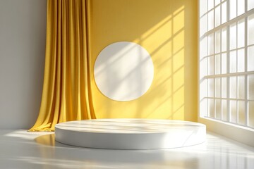 Poster - Bright yellow interior with circular backdrop and white platform in a well-lit space