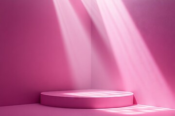 Poster - Bright pink interior with a circular platform illuminated by soft light rays