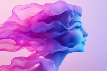 Fototapete - Elegant abstract profile of a female figure with flowing fabric in vibrant pink and blue hues
