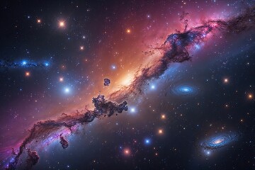 Wall Mural - Obscure Interstellar Domain with Colorful Nebula and Stellar Clusters in a Cosmic Galaxy