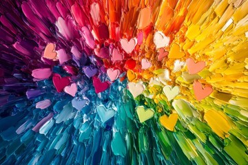 Aufkleber - Colorful heart shapes scattered on a vibrant, textured background in a swirling pattern during daylight