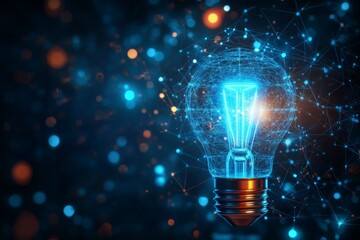 Leinwandbilder - Innovative light bulb glowing amidst a vibrant network of blue and orange particles in a modern digital setting