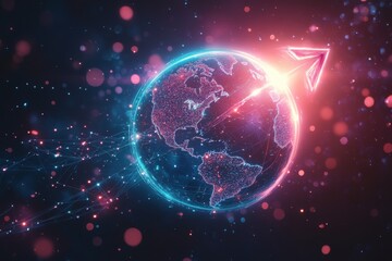 Fototapete - Visual representation of a glowing globe with arrow pointing forward, symbolizing innovation and global connectivity