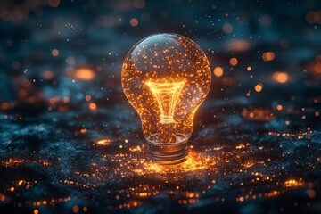 Poster - Bright light bulb surrounded by glowing particles on a dark surface illustrates creativity and inspiration in a captivating design