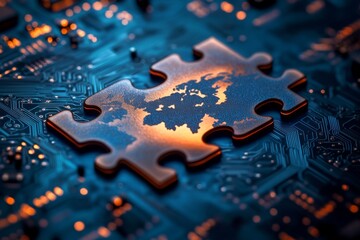 Fototapete - Intricate puzzle piece embedded in a circuit board design illuminated by warm lights