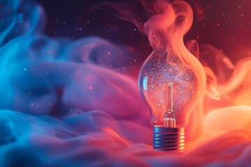 Fototapete - Colorful smoke envelops a glowing light bulb creating a mystical atmosphere in an artistic display
