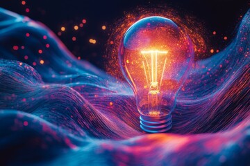 Leinwandbilder - Vibrant light bulb glowing amidst swirling colorful waves in a dynamic digital environment