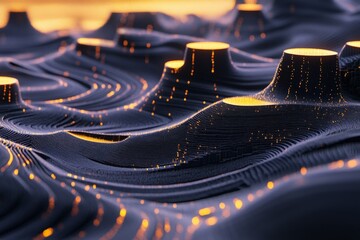 Fototapete - Abstract landscape with illuminated peaks and flowing contours during a digital sunset