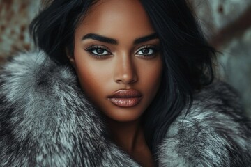 portrait of a young woman with striking features wearing a luxurious fur coat in an elegant setting 