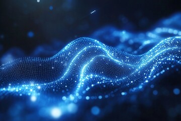 Leinwandbilder - Dynamic blue waveform visualization emanating from a digital source with glowing particles in motion