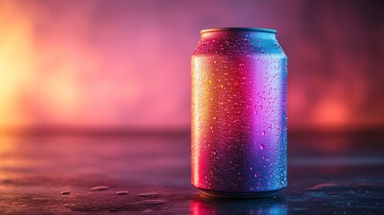Poster - A beverage can is prominently displayed with droplets of water on its surface. The background features striking, colorful lighting that enhances the visual appeal, creating a captivating atmosphere.
