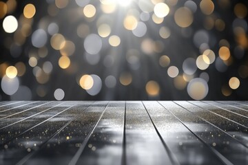 Aufkleber - Vibrant bokeh lights sparkle over a wooden table surface in an elegant setting during a festive season