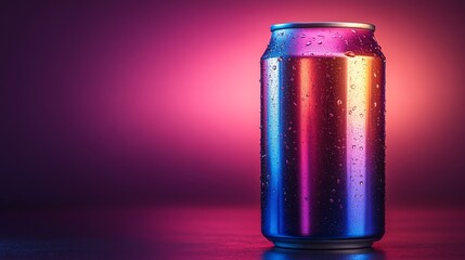 Poster - A sleek beverage can stands on a reflective surface, covered in droplets of moisture. It is illuminated by vibrant purple and pink lights, creating a striking visual effect.