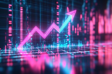 Poster - Bright pink arrow representing growth on a digital chart at night in a futuristic cityscape