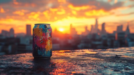 Poster - A colorful can rests on a rooftop ledge amidst a stunning sunset. The sun casts orange and pink hues across the sky, silhouetting the city skyline in the background.