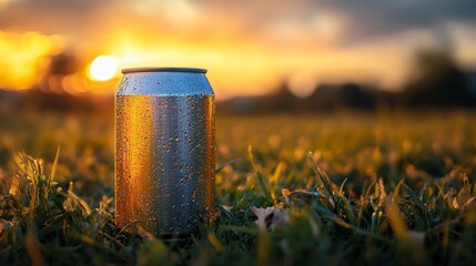 Poster - A cold drink can covered in droplets sits on lush green grass as the sun sets, casting a warm golden glow across the serene park landscape. The moment captures tranquility.
