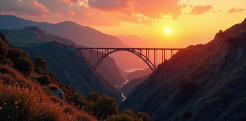 Wall Mural - sunrise paints the bridge and valley in warm hues , water, dusk