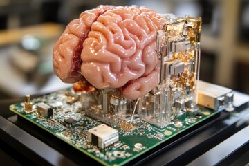 Fototapete - Brain model placed on a circuit board showcases the intersection of neuroscience and technology in a lab environment