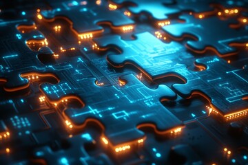 Aufkleber - Puzzle pieces with glowing circuitry design creating a technology theme in a dark setting