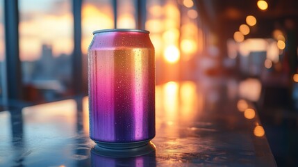 Poster - A vibrant beverage can is positioned on a reflective table as a warm sunset casts golden light through large windows. The city skyline adds to the atmosphere.